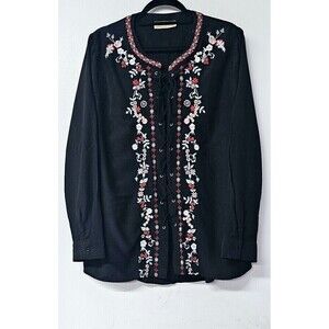 HOW VERY LOVED Black Floral Embroidered String Closure Long Sleeve Women...